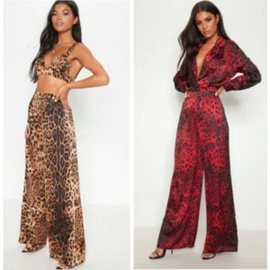 Damen Frauen Satin Leopardenmuster Seitenbindung weites Bein Hose Pants - Bild 1 von 13