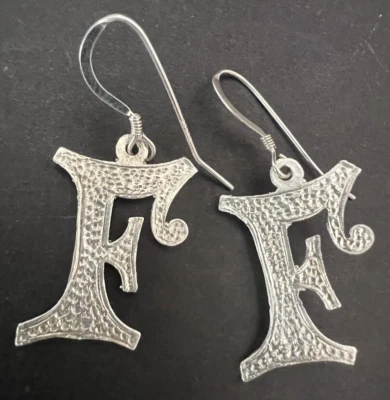925 Sterling Silver Dangle Drop Earrings Wire Hook Handcrafted Alphabet Letter F - Image 1 of 4