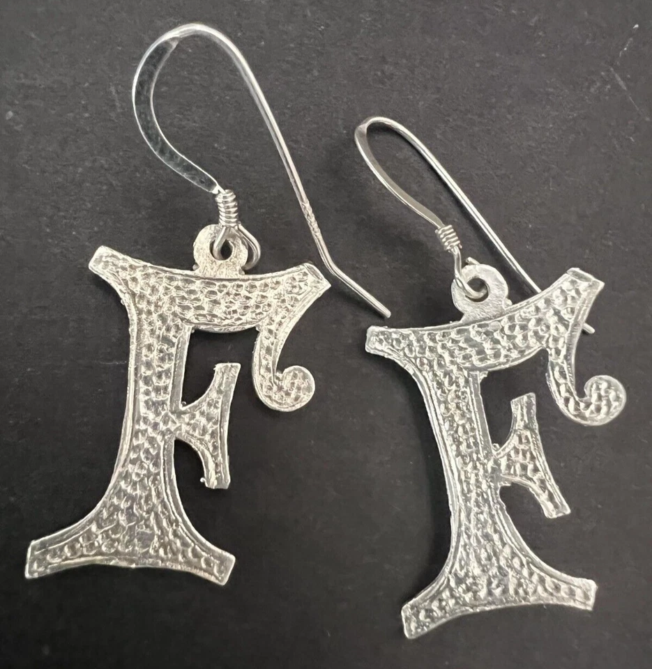 925 Sterling Silver Dangle Drop Earrings Wire Hook Handcrafted Alphabet Letter F - Image 1 of 4