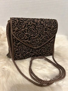 La Regale Brown Scrunched Satin Evening Bag Crossbody/Clutch Purse Roses Tassel - Picture 1 of 11