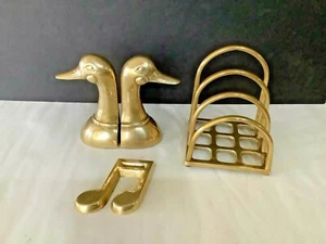 Set 3 VTG Solid Brass Duck Head Bookends, Music Note Paperweight, Letter Holder - Picture 1 of 11