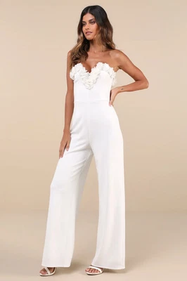 Mono Lulus Mujer Raro Allure Blanco 3D Floral Apliques Sin Tirantes Pierna Ancha XL Foto 1 de 3