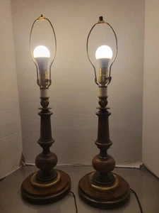 Vintage Turned Wood & Brass Table Lamps Pair Nautical Lamps Mcm - Picture 1 of 17