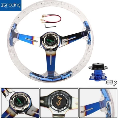 Aluminum 14" 350mm Racing Acrylic Steering Wheel w/Horn + Blue Quick Release Foto 1 de 4