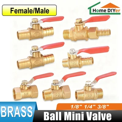 8/10/12mm Hose Barb to 1/8" 1/4" 3/8" BSP Male or Female Brass Ball Mini Valve - Image 1 of 4