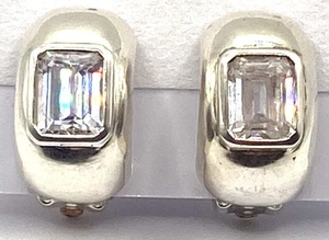 Sterling Silver / 925 Half Moon Clip - On CZ Earrings - Picture 1 of 17