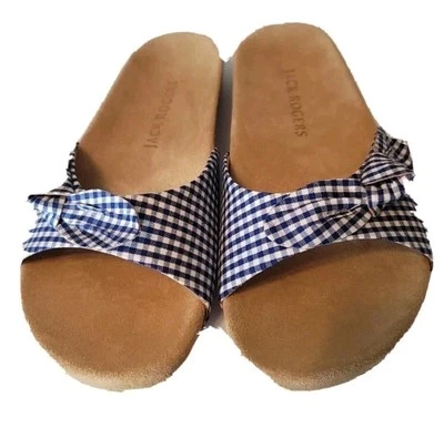 Jack Rogers Dorothy Bow NIB Blue Gingham Knotted Slides Shoes Size 9 NEW - Image 1 of 4
