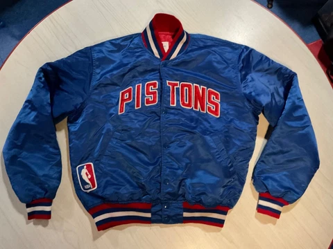 Vintage 80s Detroit Pistons Satin Jacket by Starter Size L Blue Cover
