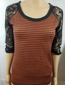 Eye Candy Top Brown Striped Scoop Neck Black Lace Sleeves Slim Fit Girl’s Size L - Picture 1 of 12