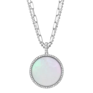 14K White Gold Diamond Mother Of Pearl Necklace Paper Clip Ball Double Chain - Picture 1 of 3