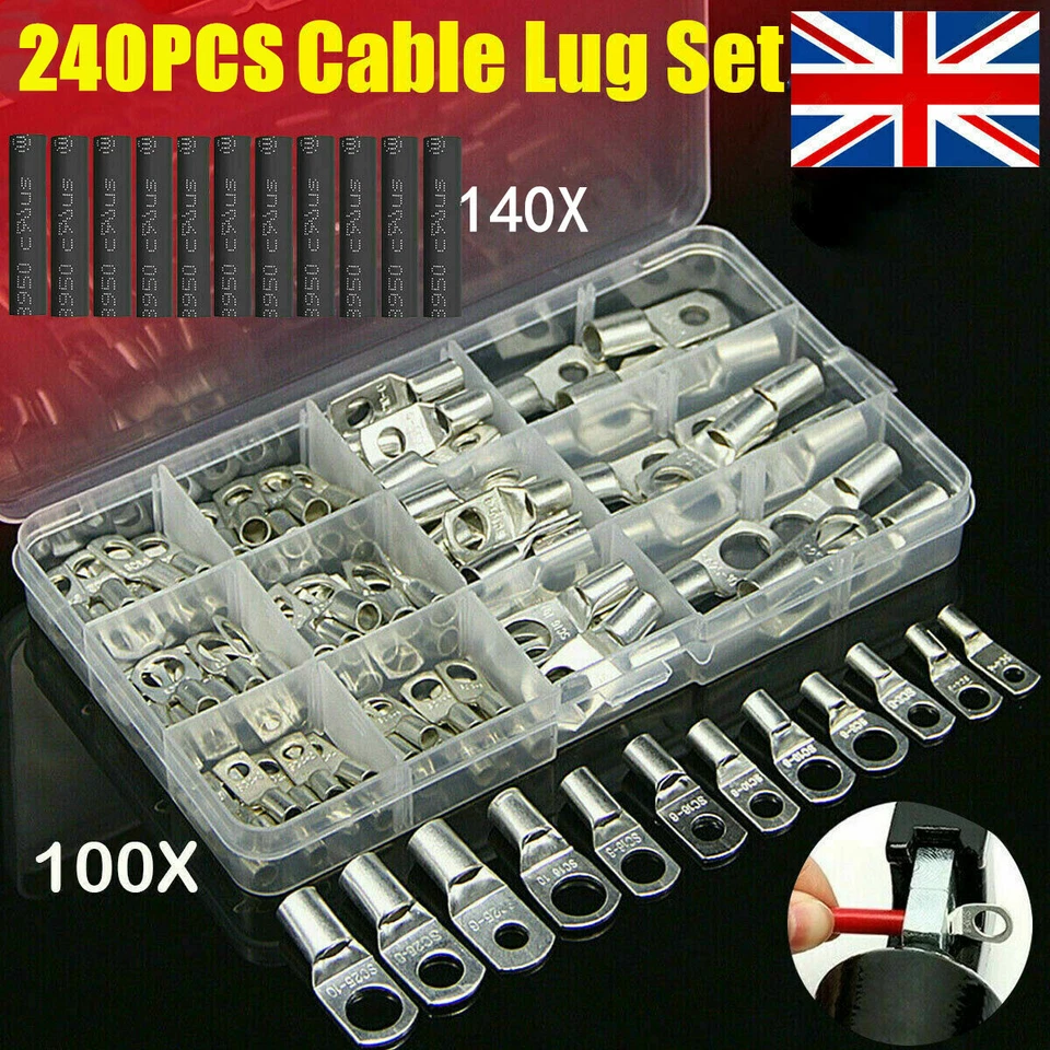 240pcs Copper Tube Terminals Battery Welding Cable Lug Ring Crimp Connectors Kit