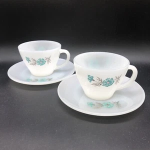 2 Fire King Bonnie Blue Flower Carnation Milk Glass Coffee Cup & Saucer Sets 4pc - Picture 1 of 8