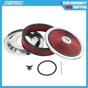 14" X 3" Round Red Thru High Flow Washable Air Cleaner For SBC BBC w/ Chrome Lid - Foto 1 di 23