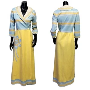 Vintage 60er 70er Damen M Strick Polyester Wickel Maxi Kleid Hippie Blumen Applikation - Bild 1 von 14