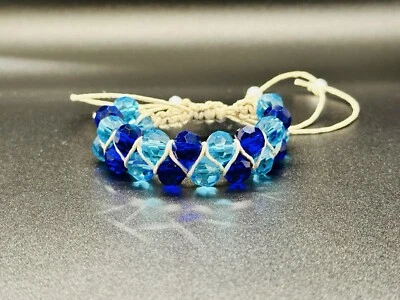 Aqua & Sapphire Crystal Double Shamballa Hemp Bracelet Handmade Boho Hippie - Image 1 of 2