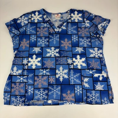 White Cross Scrubs Top Womens Size XL Winter Snowflake Blue - Image 1 of 3