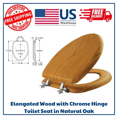 Asiento de inodoro delantero cerrado de madera alargada en roble natural con bisagra cromada Foto 1 de 4