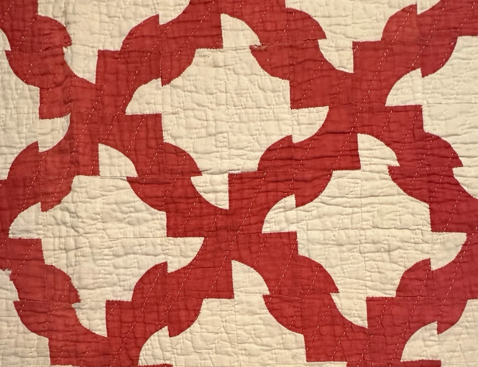 Vintage Cutter Quilt Piece  Drunkards Path  16” x 20” Red And Beige  #3 - Image 1 of 4