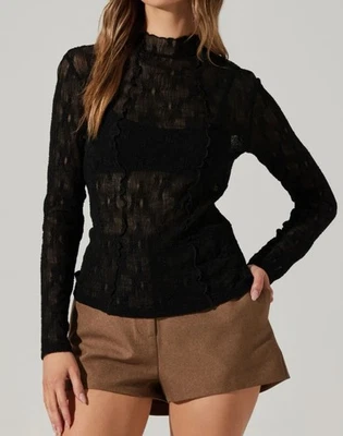 ASTR The Label Colleen Mock Neck Long Sleeve Lace Floral Blouse Black Sz XS - Image 1 of 4