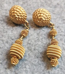 Pierced Gold Tone Earrings Textured Dangle Drop - Picture 1 of 3
