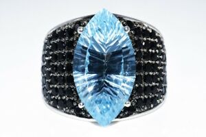 12.56CT NATURAL BLUE TOPAZ & BLACK SPINEL COCKTAIL SILVER RING SIZE 8.25