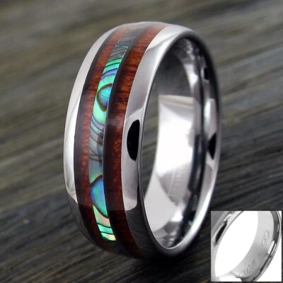 6/8mm Tungsten Men's Hawaiian Koa Wood & Abalone Wedding Band Ring-Engraving TW - Image 1 of 4