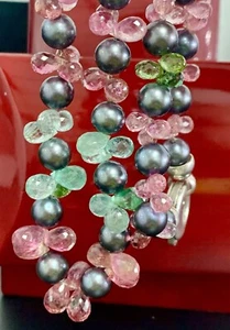  925 Silver Natural Multi Color Tourmaline 7mm Black Pearl Necklace 17" Tread - Picture 1 of 12