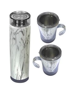 690ml Insulated Bottle 2 Cup & Lid Travel Set Stainless Steel Gift White Marble - Picture 1 of 9