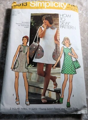 1973 Vintage Simplicity Mini Dress and Bag Misses size 12, Bust 34 - Image 1 of 3