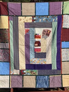 Patchwork Twin Quilt Cabin House Bonnet Note (ink) 69x75” Handmade Reversible VG - Picture 1 of 20