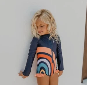 NWT Oopsie Daisy Girls Navy Long Sleeve One Piece Swim Suit Rainbow Size 2 - Picture 1 of 4