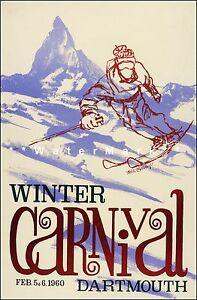 Dartmouth 1960 New Hampshire carnaval d'hiver vintage affiche imprimée ski sports