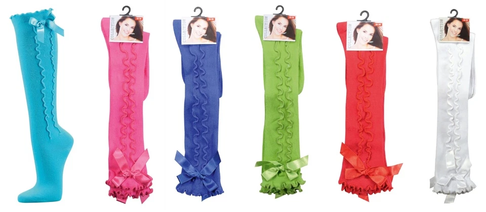 1 Paar Kniestrümpfe m Satinschleife und eingestrickter Rüsche Karneval Trachten - Bild 1 von 1