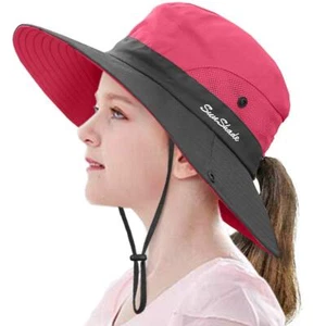 Kids Ponytail Sun Hat Wide Brim UV Protection for Girls Beach Bucket Cap M20.... - Picture 1 of 7