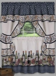 3 Pc Kitchen Curtains Tailored Cottage Set, WINE & GRAPES, CHATEAU, navy, Achim - Picture 1 of 15