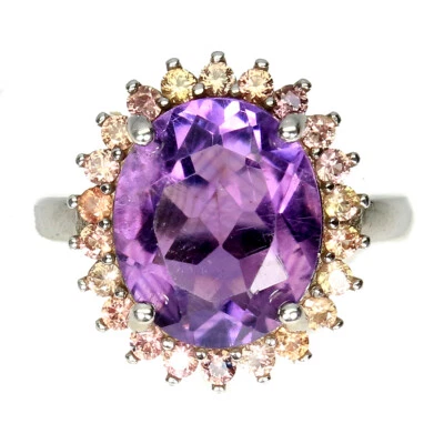 925 Sterling Silver Ring Oval Amethyst 12x10mm Sapphire Diamond Cut Gemstone - Image 1 of 4