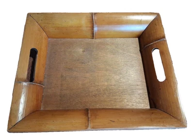 Rustic Bamboo Serving Table Tray Vintage Handles  15.5” X 13" - Image 1 of 4