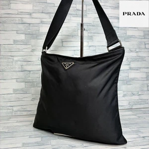 PRADA shoulder bag Ladies black nylon w 34 cm Triangle Logo made in Italy Used - Picture 1 of 8
