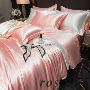 4pcs True 100% Mulberry Silk Bedding Set Duvet Cover/flat Bed Sheet Pillowcase - Bild 1 von 35