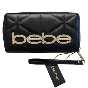 Bebe Women's Wristlet Wallet Quilted Black With Gold Lettering and Rhinestones - Picture 1 of 9