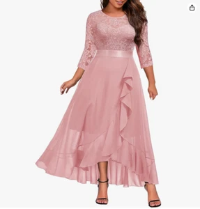 Miusol Plus Size Elegant Ruffle Floral Lace Bridesmaid Maxi Dress (Pink, 1XL) - Picture 1 of 4
