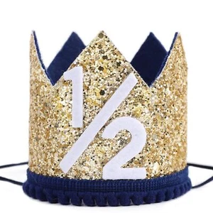 Navy Blue Half Birthday Party Crown - 1/2 Golden Birthday Party Hat, Happy Bi... - Picture 1 of 8