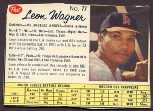 Leon Wagner 1962 Post Cereal Canada #77/tuerca de uva rara parte posterior LA DODGERS - Imagen 1 de 2