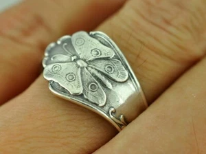 Solid 925 Sterling Silver Butterfly Lily Flower Adjustable Spoon Ring - Picture 1 of 8