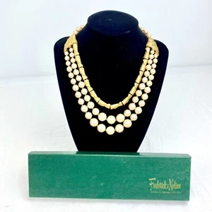 Vintage Frederick & Nelson Pearl Necklace 3 Strand Gold Tone Costume Jewelry - Picture 1 of 10