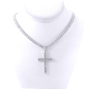 Mens Silver Finish Bling Lab Diamond Cross 4mm Tennis Chain 1 Row Necklace