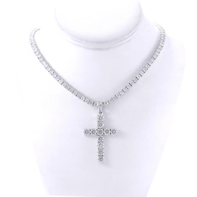 Unisex 1 Row 4mm Round Cut Cubic Zirconia Iced Cross Pendant Tennis Necklace - Image 1 of 4