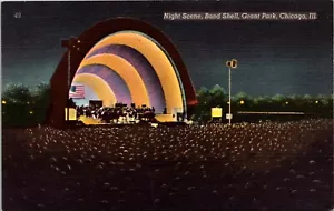 Tarjeta postal de lino de banda de escena nocturna Shell Grant Park Chicago Illinois - Imagen 1 de 2