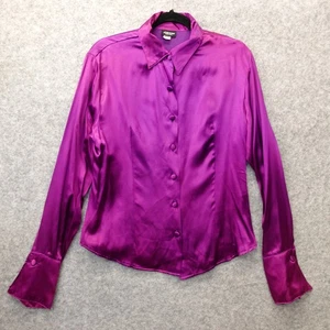 Vintage Purple Satin Button Up Shirt Womens L Magenta Retro 70s USA Made JOSHUA - Picture 1 of 13