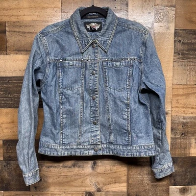 Harley Davidson Embroidered Womens Denim Jacket Embellished Studded Logo Size L - Image 1 of 4